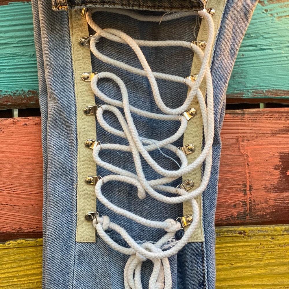 Jella C Couture Jeans M Unique Ripped Leg Rope Tie Distressed Mid High Waist